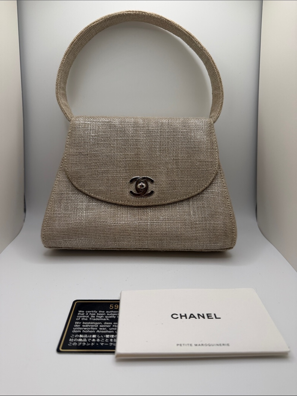 Chanel Silver Iridescent Linen Mini Top Handle Half-moon Flap SHW